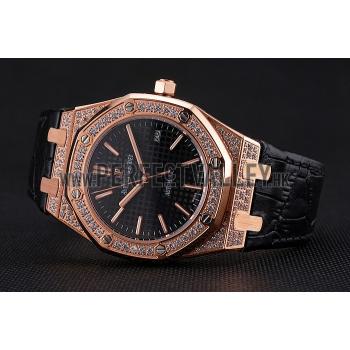 Swiss Audemars Piguet Royal Oak Black Dial Gold Case With Diamonds Black Leather Strap