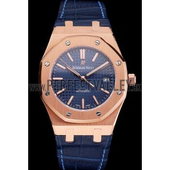 Swiss Audemars Piguet Royal Oak Blue Dial Gold Case Blue Leather Strap Replica