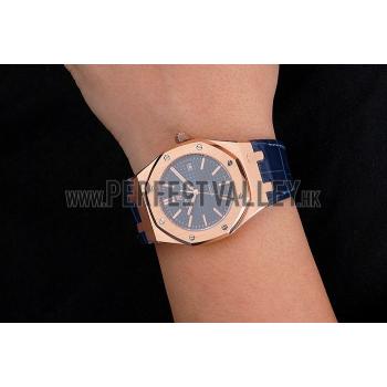 Swiss Audemars Piguet Royal Oak Blue Dial Gold Case Blue Leather Strap Replica