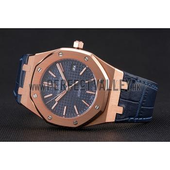 Swiss Audemars Piguet Royal Oak Blue Dial Gold Case Blue Leather Strap Replica