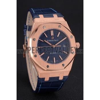 Swiss Audemars Piguet Royal Oak Blue Dial Gold Case Blue Leather Strap Replica