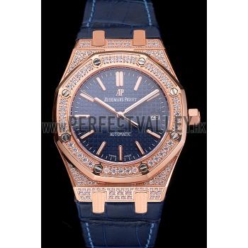 Swiss Audemars Piguet Royal Oak Blue Dial Gold Case With Diamonds Blue Leather Strap