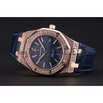 Swiss Audemars Piguet Royal Oak Blue Dial Gold Case With Diamonds Blue Leather Strap