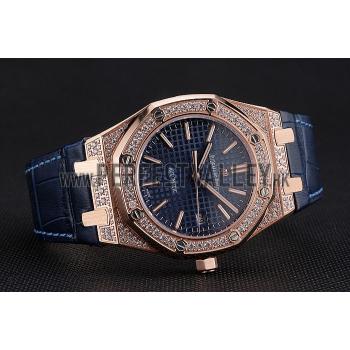 Swiss Audemars Piguet Royal Oak Blue Dial Gold Case With Diamonds Blue Leather Strap