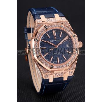 Swiss Audemars Piguet Royal Oak Blue Dial Gold Case With Diamonds Blue Leather Strap