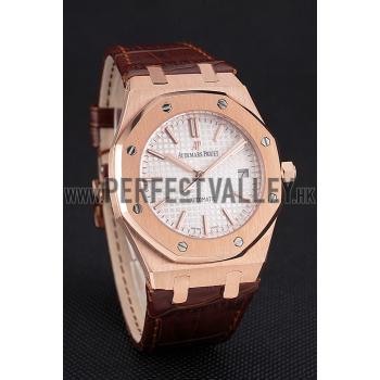 Swiss Audemars Piguet Royal Oak White Dial Gold Case Brown Leather Strap