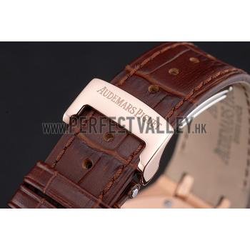 Swiss Audemars Piguet Royal Oak White Dial Gold Case Brown Leather Strap