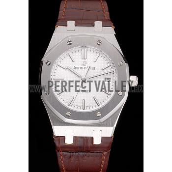 Swiss Audemars Piguet Royal Oak White Dial Stainless Steel Case Brown Leather Strap