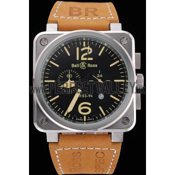 Bell and Ross BR 03-94 Black Dial Silver Case Brown Leather Strap