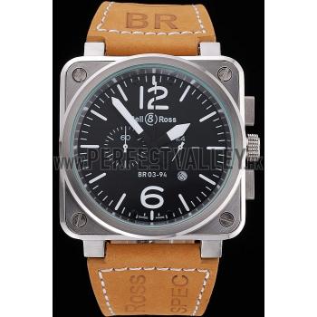 Bell And Ross BR 03-94 Black Dial Silver Case Brown Leather Strap HM04567