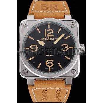 Replica Bell and Ross BR 01-92 Black Dial Silver Case Gold Numerals Brown Leather Strap