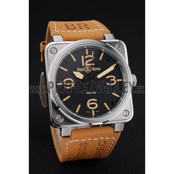 Replica Bell and Ross BR 01-92 Black Dial Silver Case Gold Numerals Brown Leather Strap