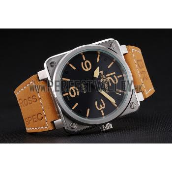 Replica Bell and Ross BR 01-92 Black Dial Silver Case Gold Numerals Brown Leather Strap