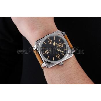 Replica Bell and Ross BR 01-92 Black Dial Silver Case Gold Numerals Brown Leather Strap