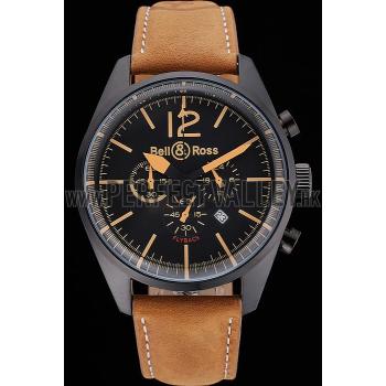 Cheap Bell and Ross BR126 Flyback Black Dial Black Case Gold Numerals Brown Suede Leather Strap