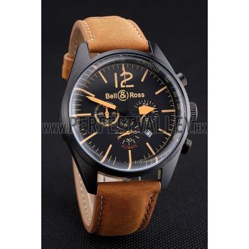 Cheap Bell and Ross BR126 Flyback Black Dial Black Case Gold Numerals Brown Suede Leather Strap