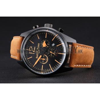 Cheap Bell and Ross BR126 Flyback Black Dial Black Case Gold Numerals Brown Suede Leather Strap