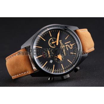 Cheap Bell and Ross BR126 Flyback Black Dial Black Case Gold Numerals Brown Suede Leather Strap