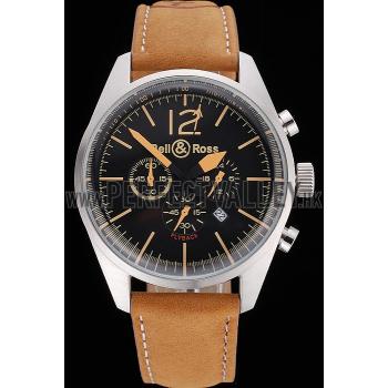 Bell and Ross BR126 Flyback Black Dial Silver Case Gold Numerals Brown Suede Leather Strap