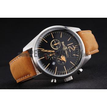 Bell and Ross BR126 Flyback Black Dial Silver Case Gold Numerals Brown Suede Leather Strap