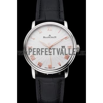 Blancpain Villeret Ultra Slim White Groved Dial Gold Numerals Stainless Steel Case Black Leather Strap