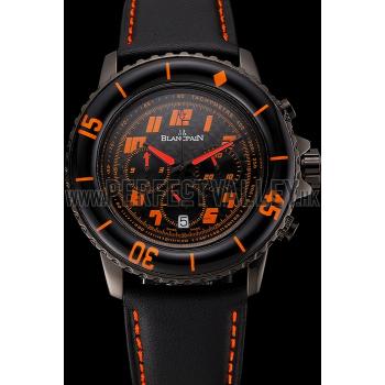 Blancpain Fifty Fathoms Speed Command Carbon Fiber Dial With Orange Markings Black PVD Case Black Leather Strap 1453776 Replica