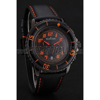 Blancpain Fifty Fathoms Speed Command Carbon Fiber Dial With Orange Markings Black PVD Case Black Leather Strap 1453776 Replica