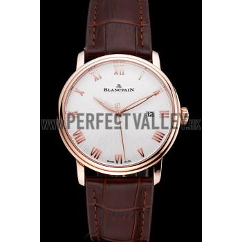 Blancpain Villeret Ultra Slim White Groved Dial Gold Numerals Rose Gold Case Brown Leather Strap