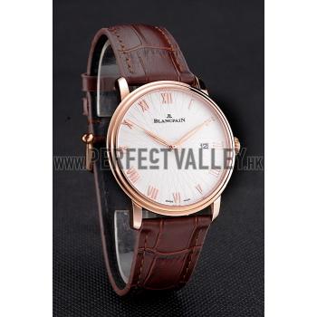 Blancpain Villeret Ultra Slim White Groved Dial Gold Numerals Rose Gold Case Brown Leather Strap