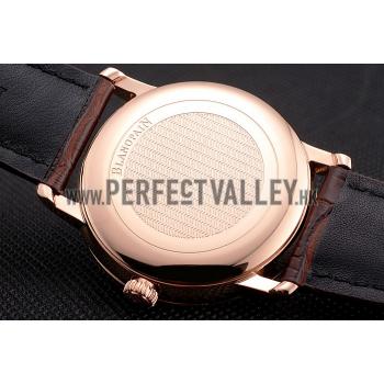 Blancpain Villeret Ultra Slim White Groved Dial Gold Numerals Rose Gold Case Brown Leather Strap