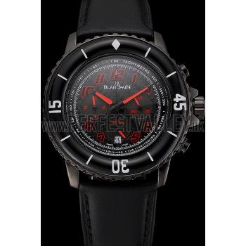 Cheap Blancpain Fifty Fathoms Speed Command Carbon Fiber Dial With Red Markings Black PVD Case Black Leather Strap 1453775