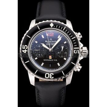 Swiss Blancpain Air Command Monaco YS Black Dial Stainless Steel Case Black Leather Strap