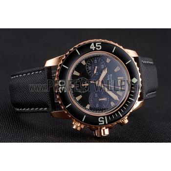 Swiss Blancpain Fifty Fathoms Flyback Chronograph Black Dial Black Bezel Rose Gold Case Black Canvas Strap