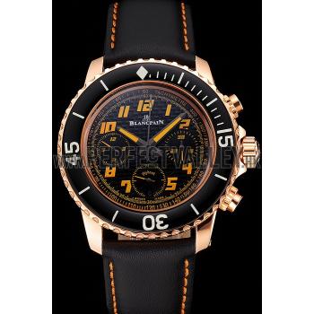 Swiss Blancpain Fifty Fathoms Flyback Chronograp Carbon Fiber Dial Rose Gold Case Black Leather Strap Replica