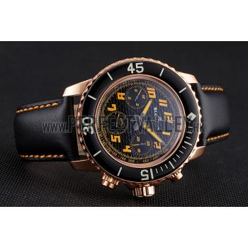 Swiss Blancpain Fifty Fathoms Flyback Chronograp Carbon Fiber Dial Rose Gold Case Black Leather Strap Replica