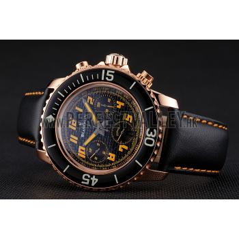 Swiss Blancpain Fifty Fathoms Flyback Chronograp Carbon Fiber Dial Rose Gold Case Black Leather Strap Replica