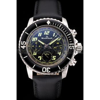 Swiss Blancpain Fifty Fathoms Flyback Chronograph Carbon Fiber Dial Stainless Steel Case Black Leather Strap Replica