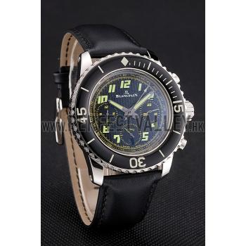 Swiss Blancpain Fifty Fathoms Flyback Chronograph Carbon Fiber Dial Stainless Steel Case Black Leather Strap Replica