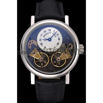 Replica Breguet Duo Tourbillon Silver Case White Dial Black Leather Bracelet  622622