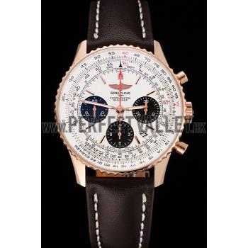 Swiss Breitling Navitimer 01 White Dial Black Subdials Rose Gold Case Brown Leather Strap Replica