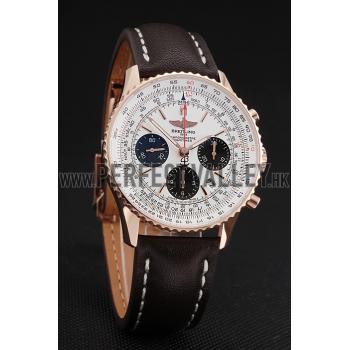 Swiss Breitling Navitimer 01 White Dial Black Subdials Rose Gold Case Brown Leather Strap Replica