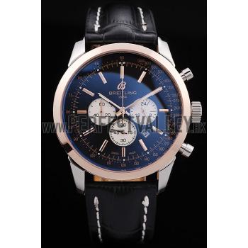 Breitling Transocean Black Dial Black Leather Strap Rose Gold Bezel 98203