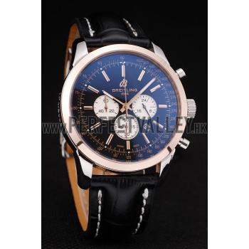 Breitling Transocean Black Dial Black Leather Strap Rose Gold Bezel 98203