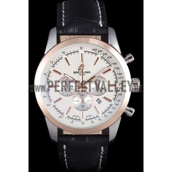 Breitling Transocean White Dial Black Leather Strap Rose Gold Bezel 98205