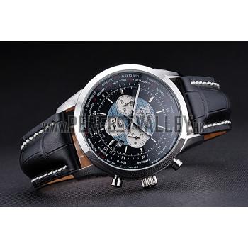 Breitling Transocean Chronograph Unitime Black Dial Stainless Steel Case Black Leather Bracelet 622242