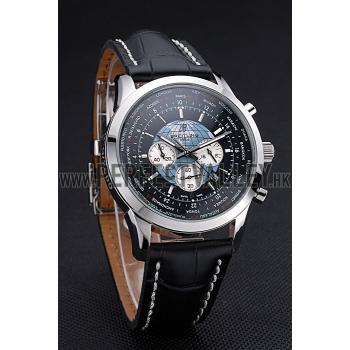 Breitling Transocean Chronograph Unitime Black Dial Stainless Steel Case Black Leather Bracelet 622242