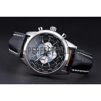 Breitling Transocean Chronograph Unitime Black Dial Stainless Steel Case Black Leather Bracelet 622242