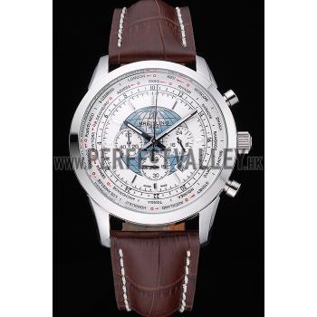 Breitling Transocean Chronograph Unitime White Dial Stainless Steel Case Brown Leather Bracelet 622244