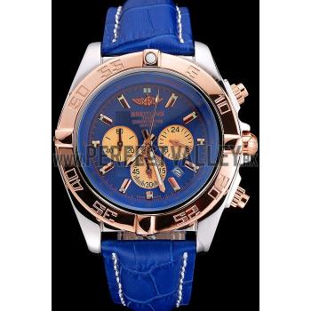 Breitling Chronomat Blue Dial Rose Gold Bezel And Subdials Stainless Steel Case Blue Leather Strap