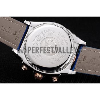 Breitling Chronomat Blue Dial Rose Gold Bezel And Subdials Stainless Steel Case Blue Leather Strap